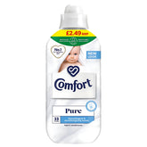 Comfort - Fabric Conditioner Pure 33 Wash (990 ml) features a baby image, price label, and text highlighting it is hypoallergenic, dermatologically tested, and made with recycled plastic.